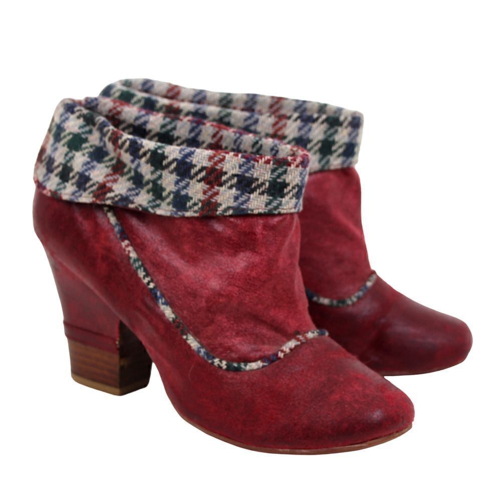 NOT RATED RED GENUINE LEATHER MID HEEL ROUND TOE ANKLE BOOTS SHOES Sz 7US 37EU